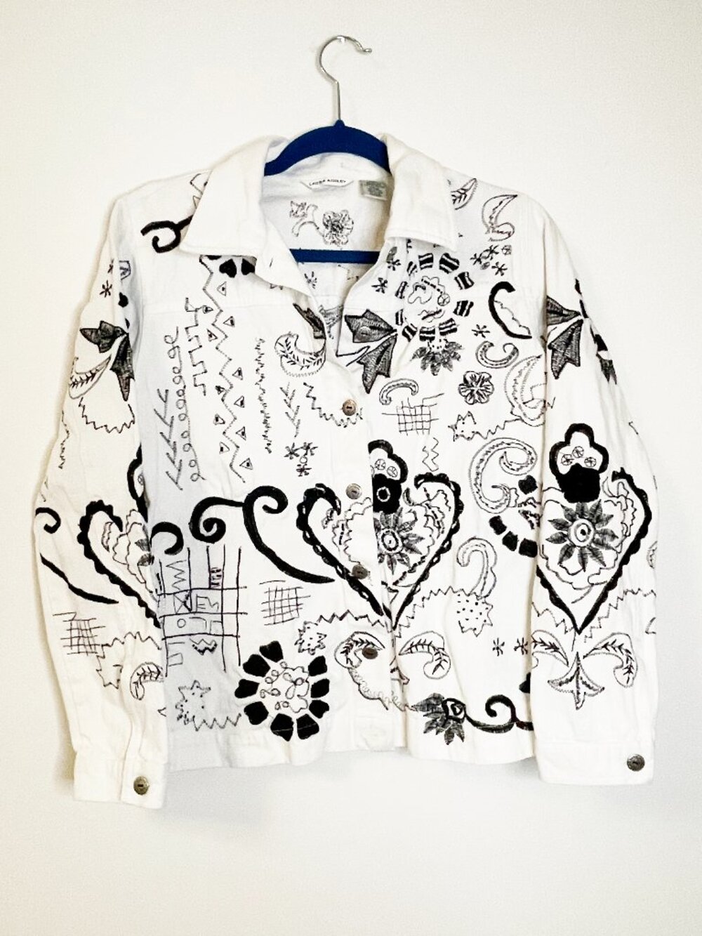 Laura Ashley Embroidered White Denim Jacket Black Floral Boho Cottagecore Size S